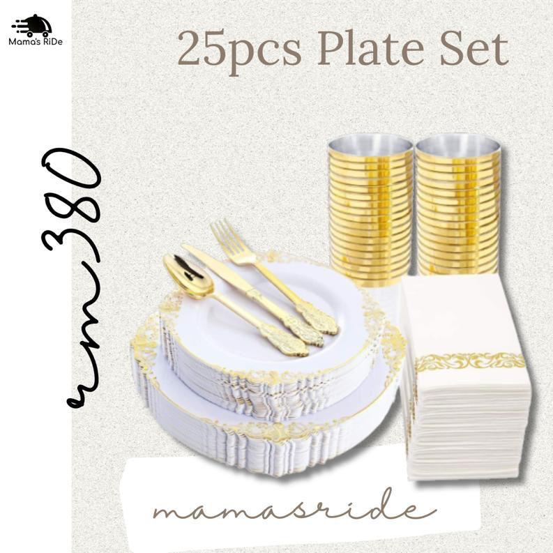 White/Black and Gold Plastic Plates with Gold Cutlery and Cups for Party and Wedding