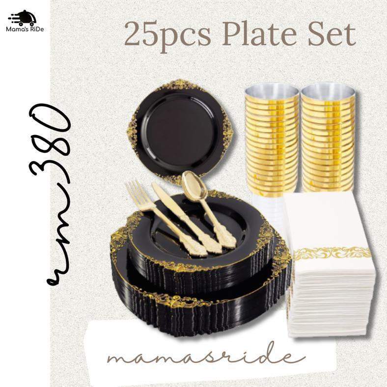 White/Black and Gold Plastic Plates with Gold Cutlery and Cups for Party and Wedding